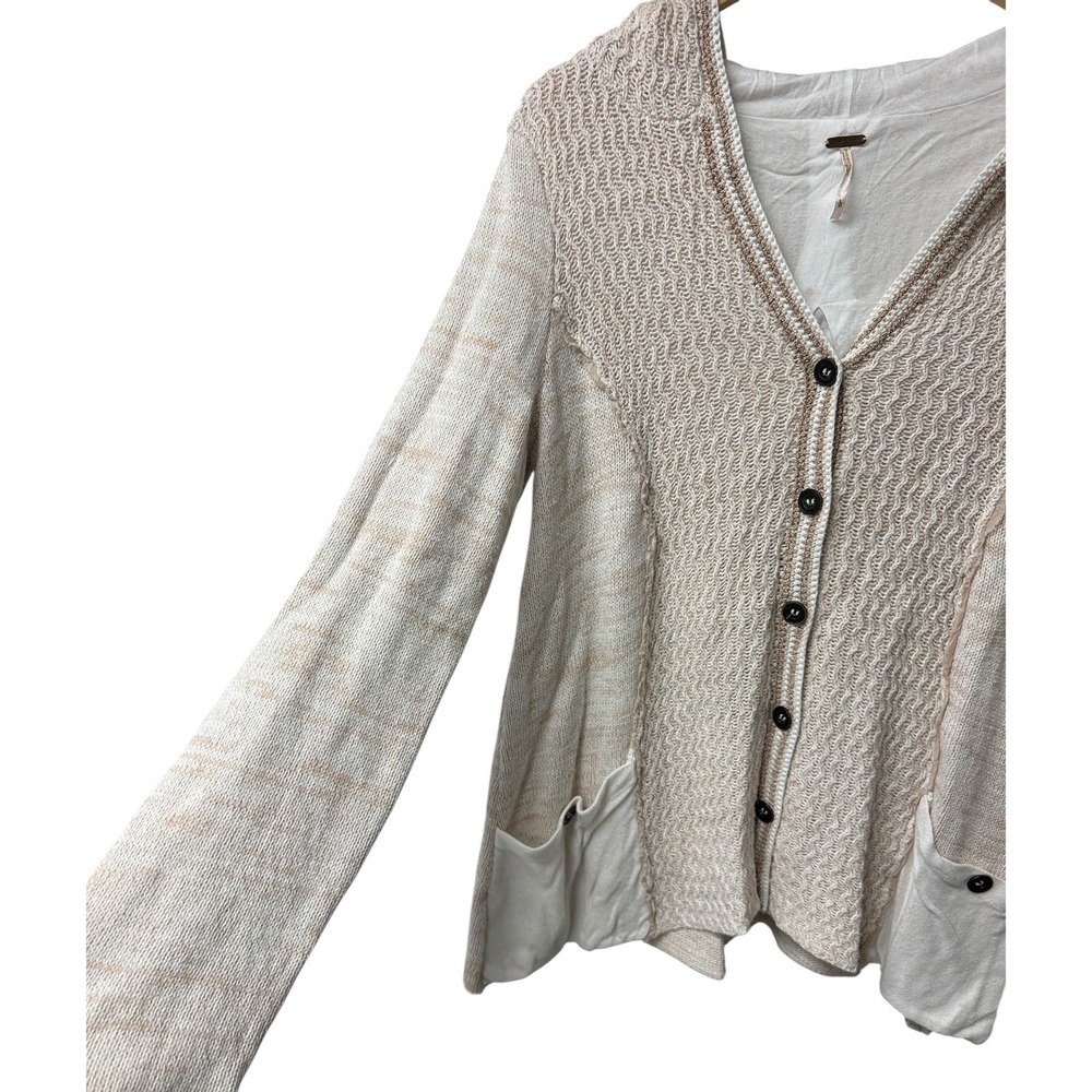 Free People Cardigan Women Large Cream Hooded Mixed Media Knit Button Front Boho - Picture 3 of 5